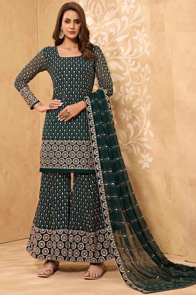 Georgette Fabric Party Style Dark Green Color Embroidered Sharara Suit