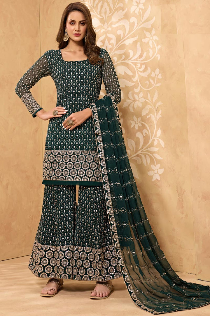 Georgette Fabric Party Style Dark Green Color Embroidered Sharara Suit