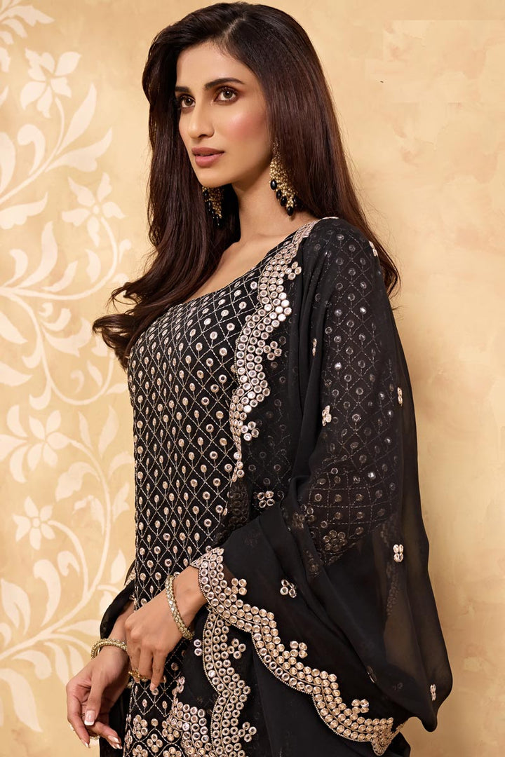 Black Color Georgette Fabric Party Style Embroidered Sharara Suit
