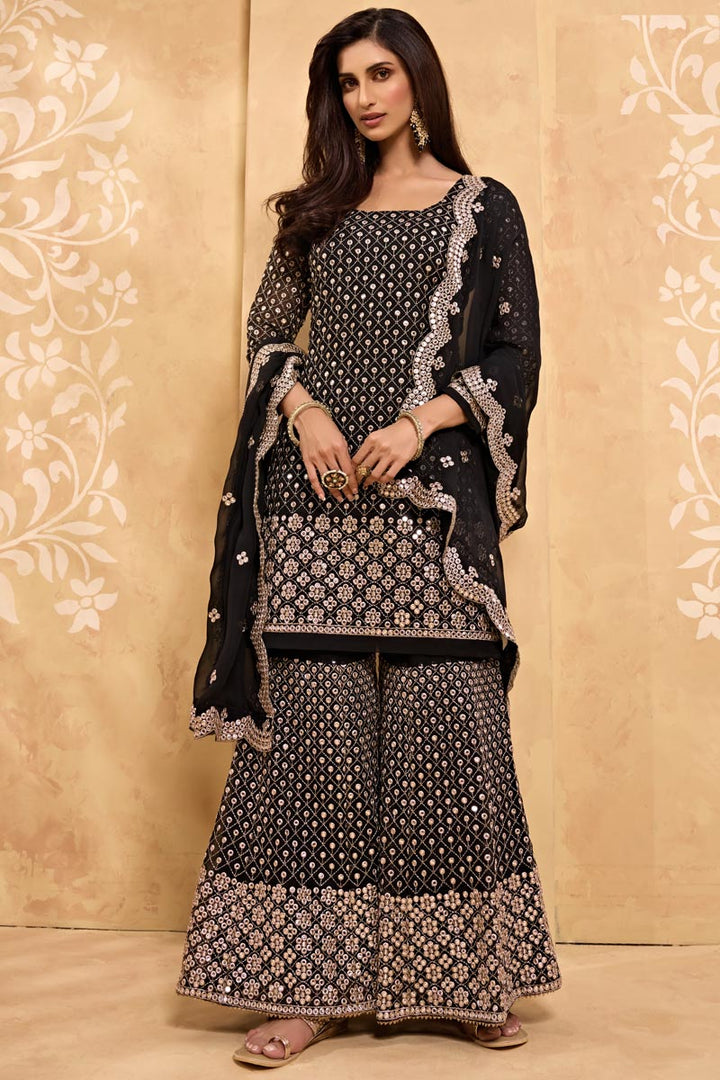 Black Color Georgette Fabric Party Style Embroidered Sharara Suit