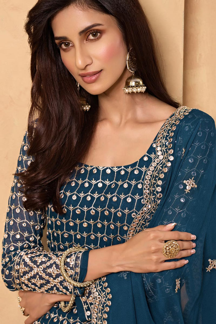 Georgette Fabric Party Style Embroidered Sharara Suit In Teal Color