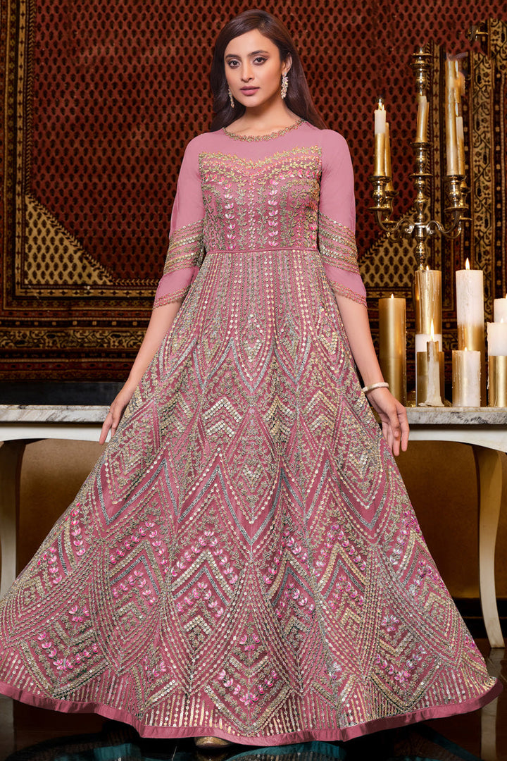 Alluring Net Fabric Pink Color Function Wear Anarkali Suit