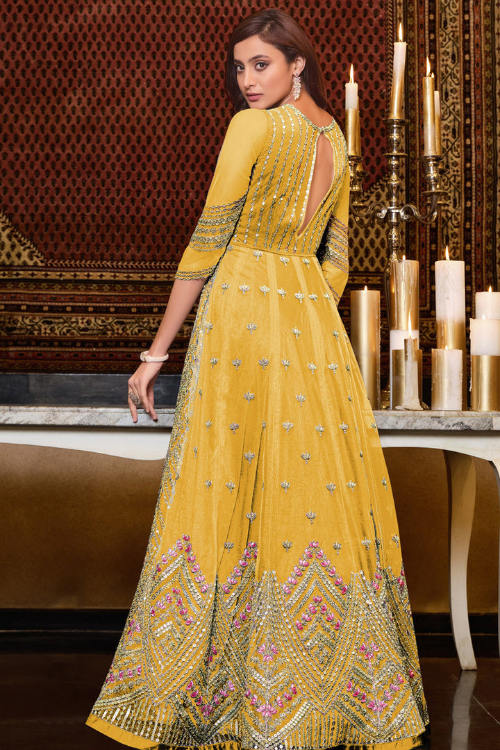 Excellent Net Fabric Yellow Color Function Wear Anarkali Suit