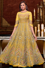 Load image into Gallery viewer, Excellent Net Fabric Yellow Color Function Wear Anarkali Suit
