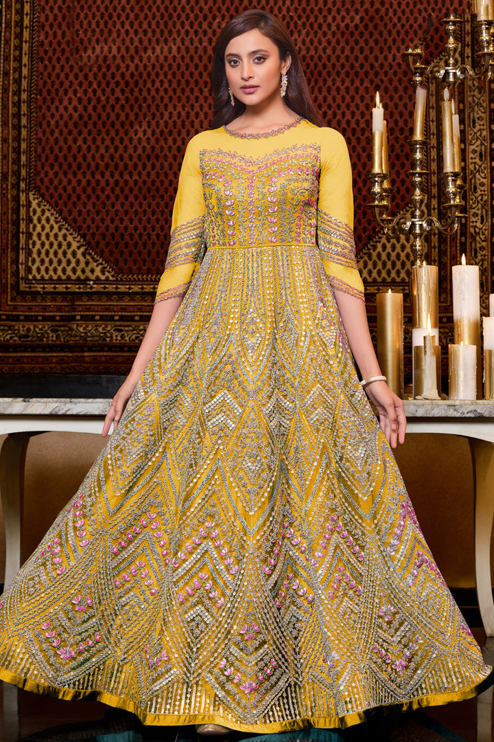 Excellent Net Fabric Yellow Color Function Wear Anarkali Suit