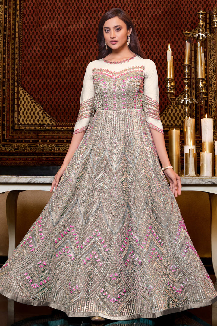 Off White Color Net Fabric Tempting Function Wear Anarkali Suit