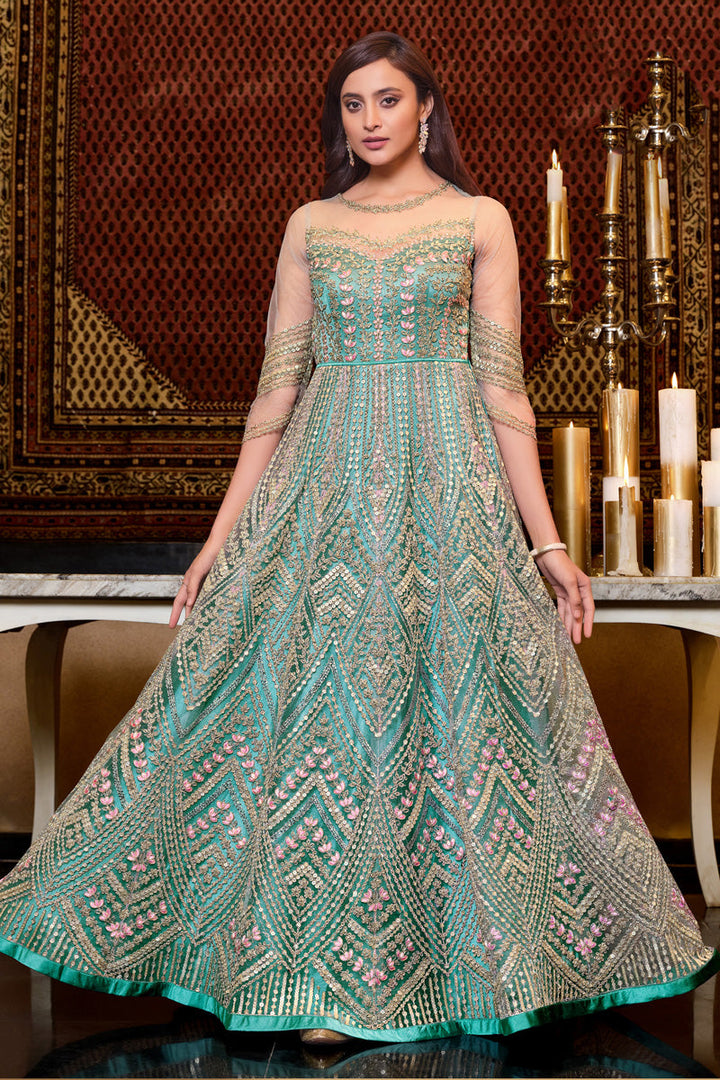 Net Fabric Sea Green Color Supreme Function Wear Anarkali Suit