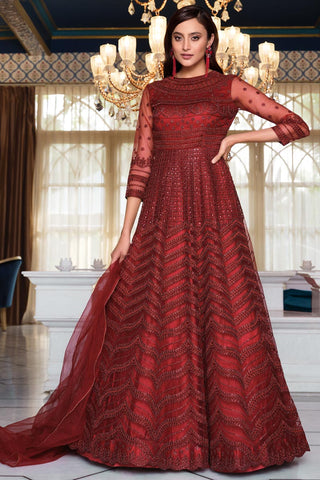 Maroon Color Sangeet Wear Elegant Embroidered Gown Style Anarkali Suit In Net Fabric