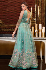 Load image into Gallery viewer, Net Fabric Embroidered Rception Wear Stylish Gown Style Anarkali Suit In Sea Green Color