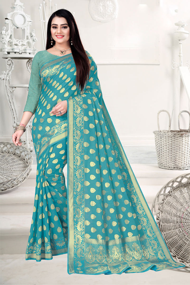 Teal Color Party Wear Saree In Cotton Silk With Weaving Work And Beautiful Blouse