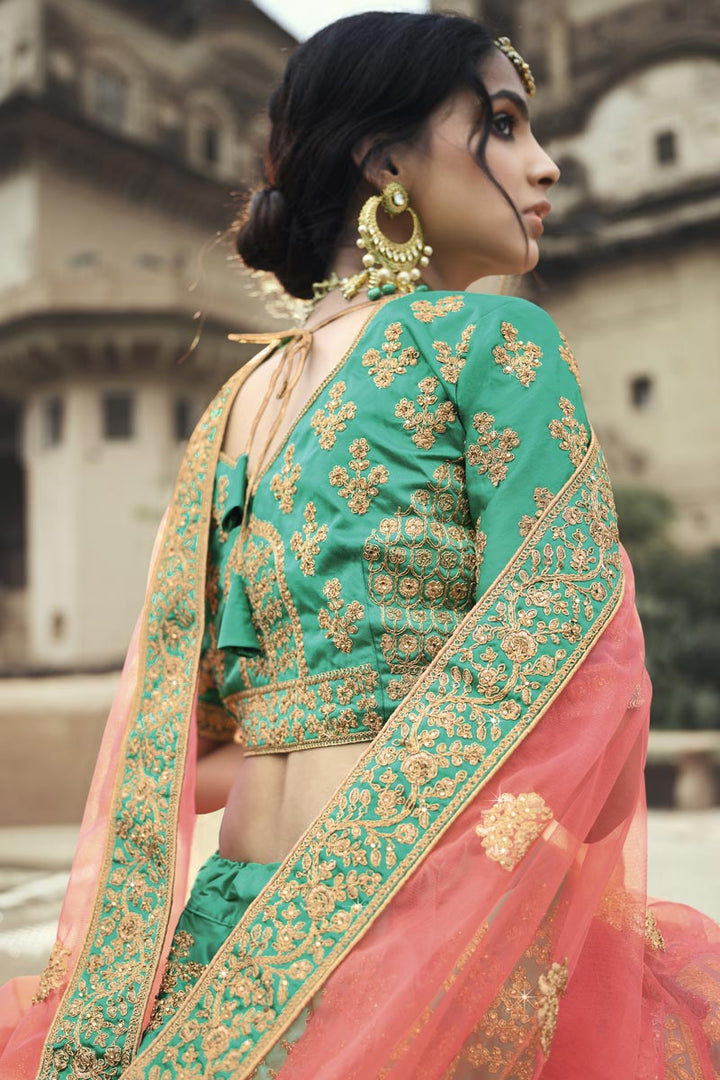 Green Color Satin Fabric Embroidered Lehenga Choli With Fancy Dupatta