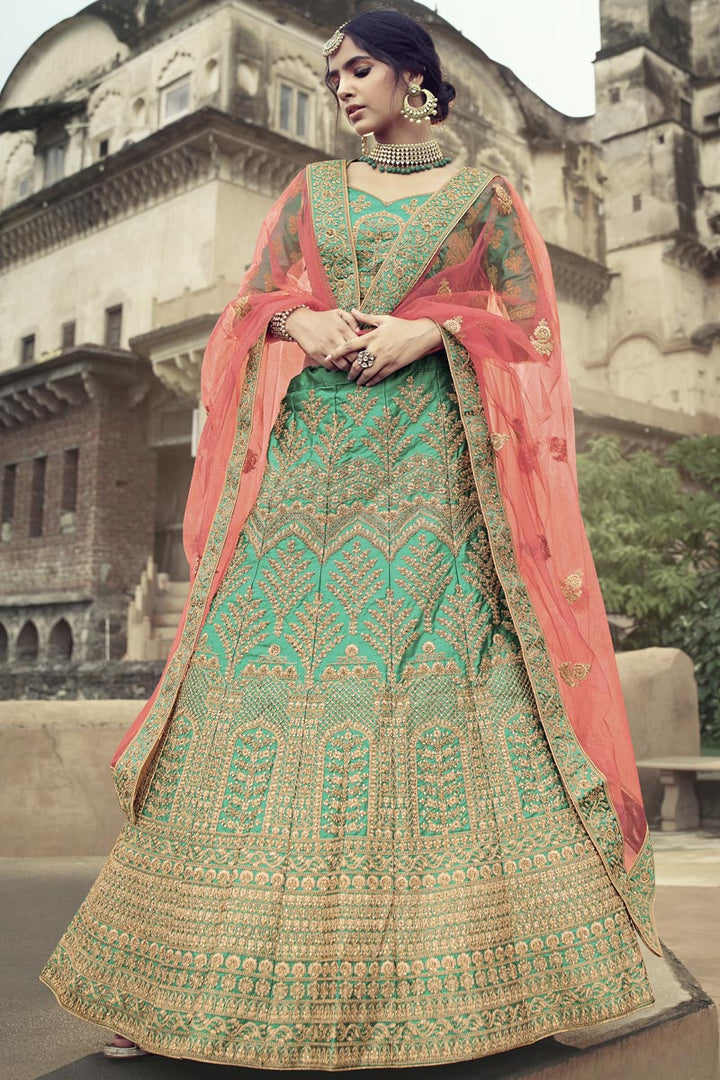 Green Color Satin Fabric Embroidered Lehenga Choli With Fancy Dupatta
