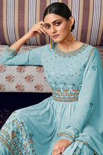 Load image into Gallery viewer, Georgette Fabric Cyan Color Party Style Chic Palazzo Suit
