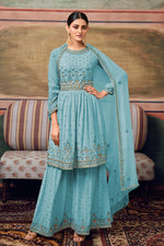 Load image into Gallery viewer, Georgette Fabric Cyan Color Party Style Chic Palazzo Suit
