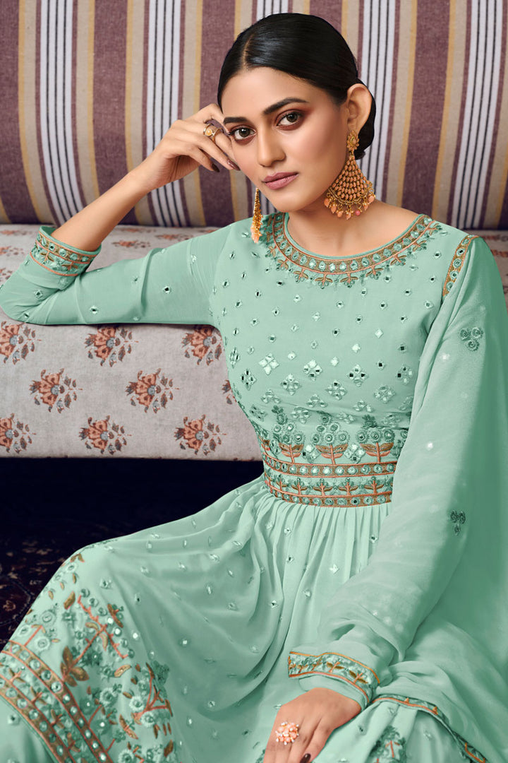 Dazzling Sea Green Color Party Style Georgette Palazzo Suit
