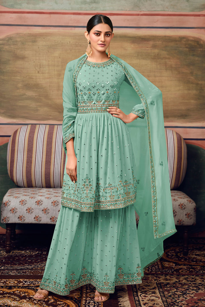 Dazzling Sea Green Color Party Style Georgette Palazzo Suit