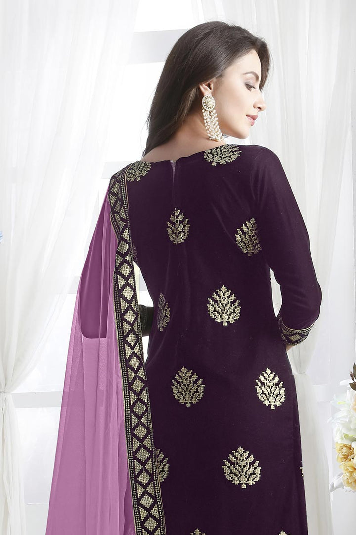 Velvet Fabric Festive Wear Designer Wine Color Straight Cut Suit