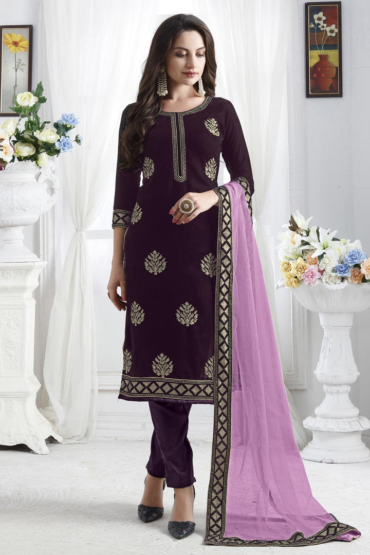 Velvet Fabric Festive Wear Designer Wine Color Straight Cut Suit