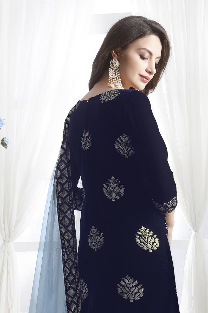 Designer Navy Blue Festive Wear Velvet Fabric Straight Cut Suit