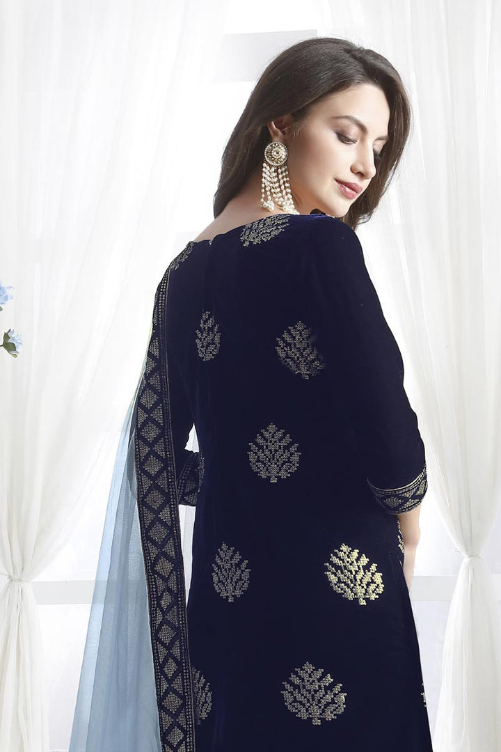 Designer Navy Blue Festive Wear Velvet Fabric Straight Cut Suit