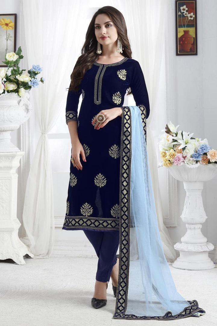 Designer Navy Blue Festive Wear Velvet Fabric Straight Cut Suit
