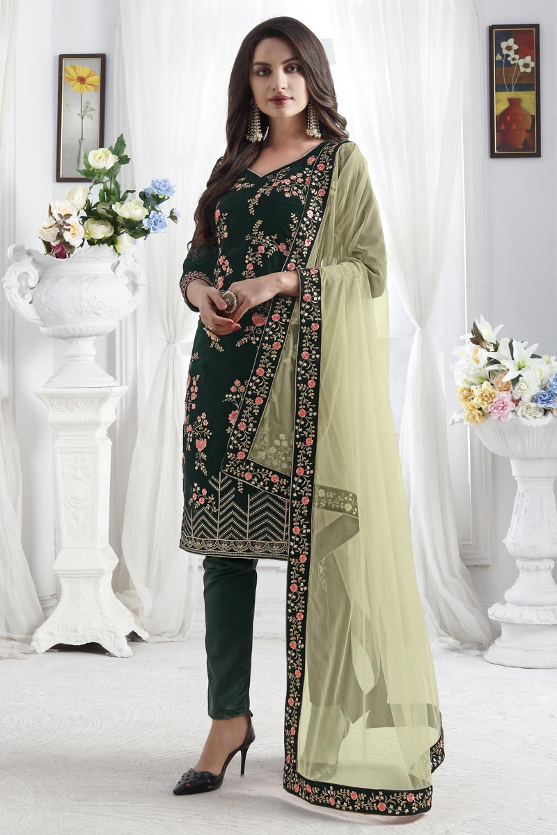 Dark Green Fancy Embroidered Party Style Straight Cut Dress In Velvet Fabric