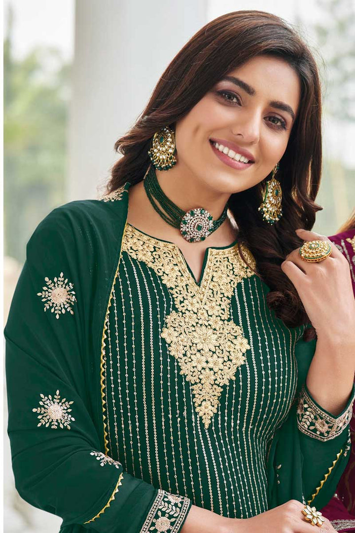 Georgette Fabric Sangeet Wear Lovely Palazzo Suit In Green Color