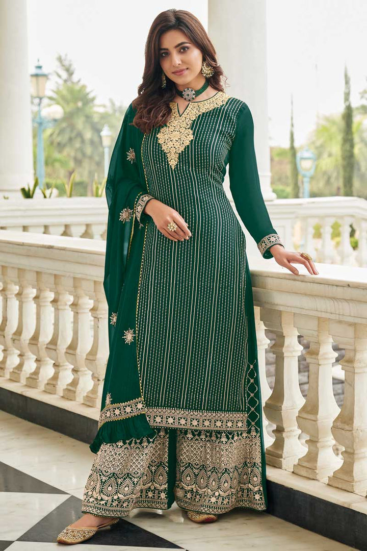 Georgette Fabric Sangeet Wear Lovely Palazzo Suit In Green Color