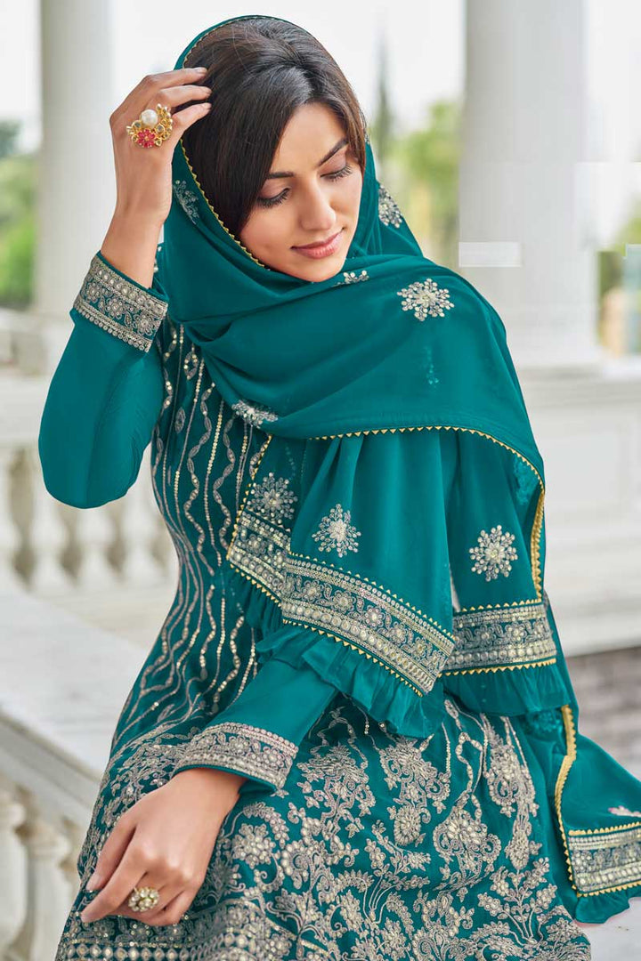 Sangeet Wear Teal Color Fabulous Palazzo Suit In Georgette Fabric