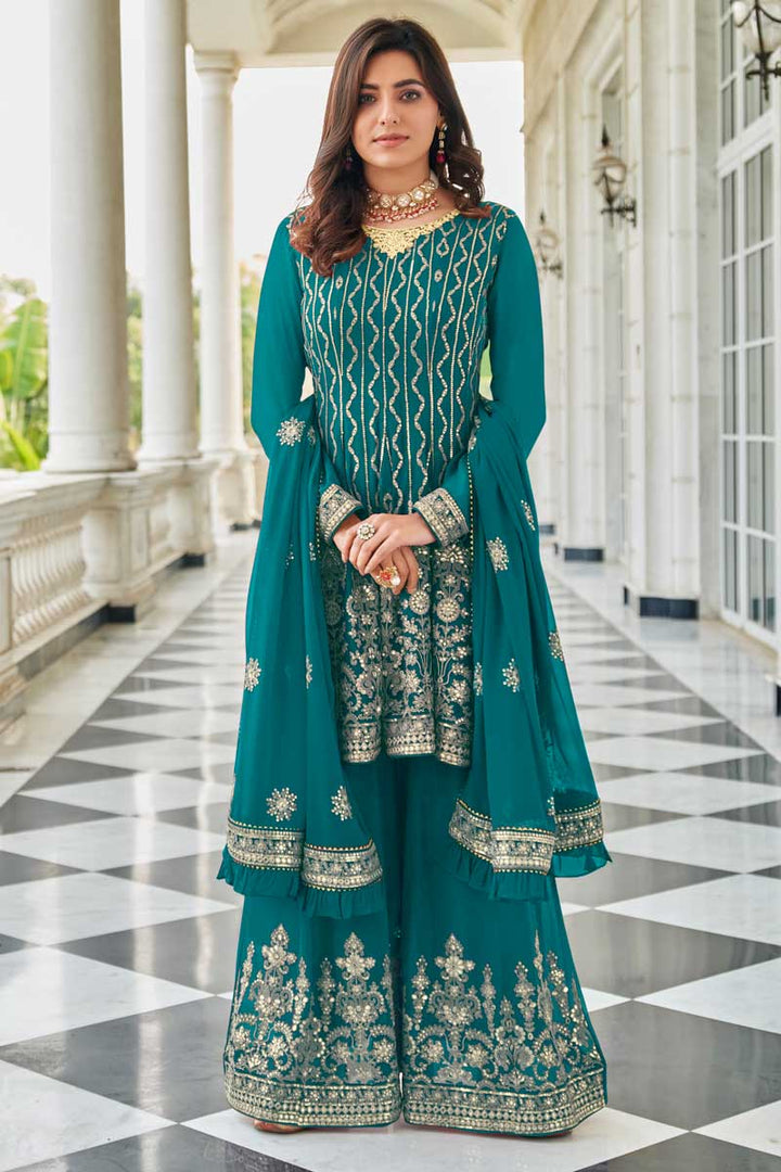Sangeet Wear Teal Color Fabulous Palazzo Suit In Georgette Fabric