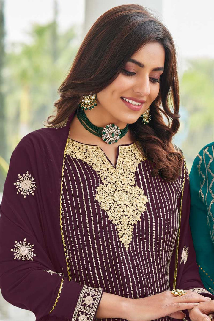 Georgette Fabric Purple Color Sangeet Wear Elegant Palazzo Suit