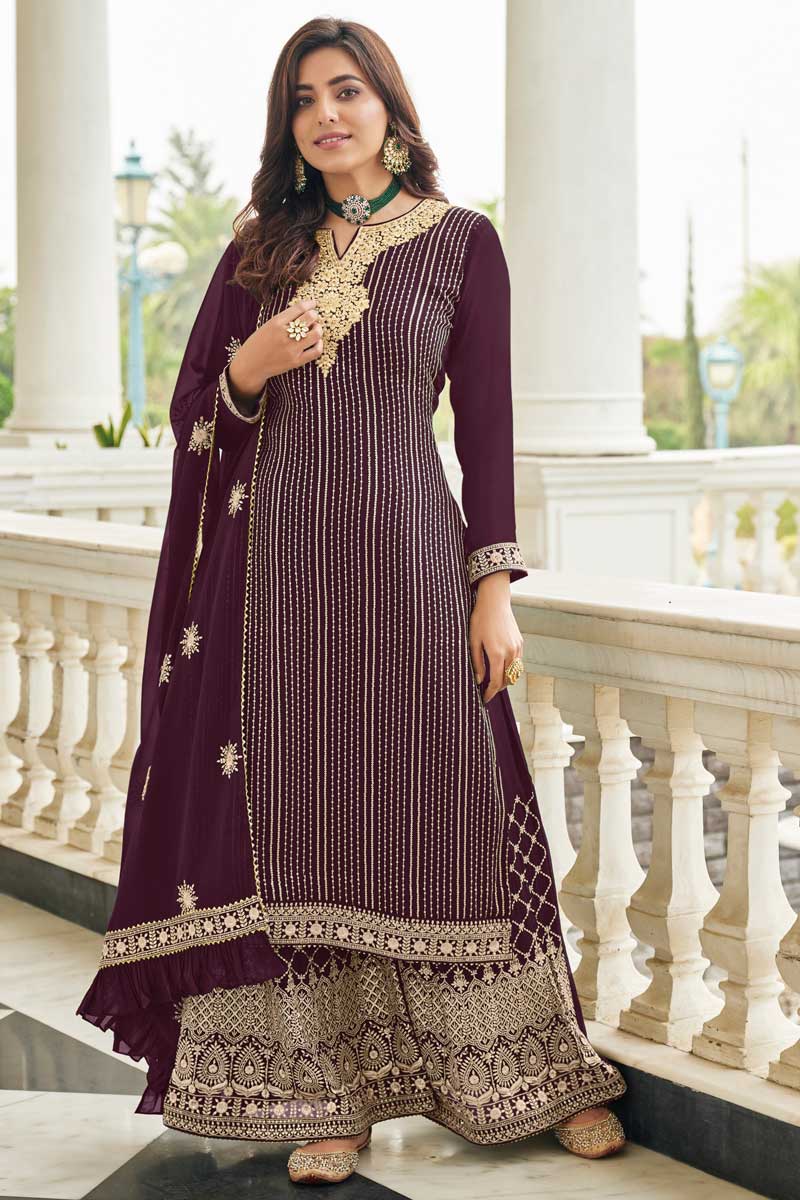 Georgette Fabric Purple Color Sangeet Wear Elegant Palazzo Suit