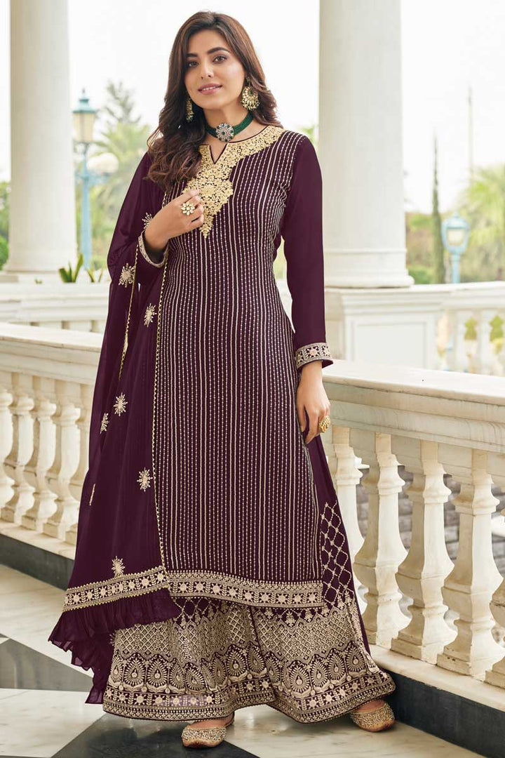 Georgette Fabric Purple Color Sangeet Wear Elegant Palazzo Suit