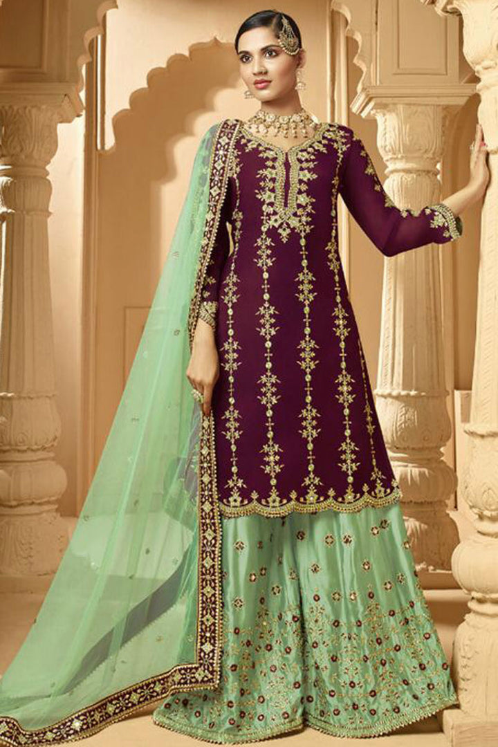 Georgette Fabric Splendid Embroidered Palazzo Suit In Wine Color