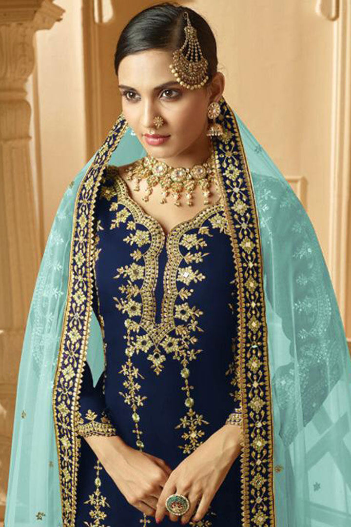 Navy Blue Color Inventive Embroidered Palazzo Suit In Georgette Fabric
