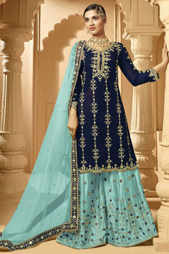 Navy Blue Color Inventive Embroidered Palazzo Suit In Georgette Fabric