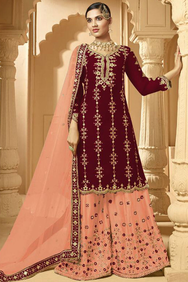 Georgette Fabric Maroon Color Astounding Embroidered Palazzo Suit