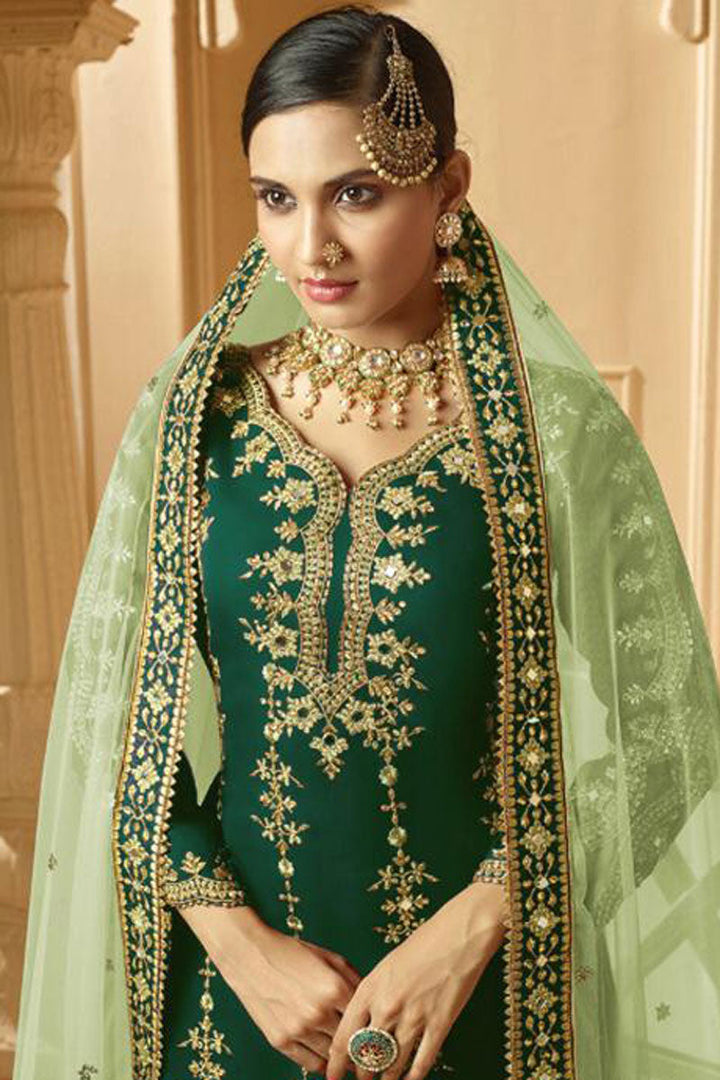 Georgette Fabric Green Color Spectacular Embroidered Palazzo Suit