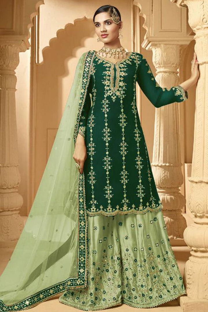 Georgette Fabric Green Color Spectacular Embroidered Palazzo Suit