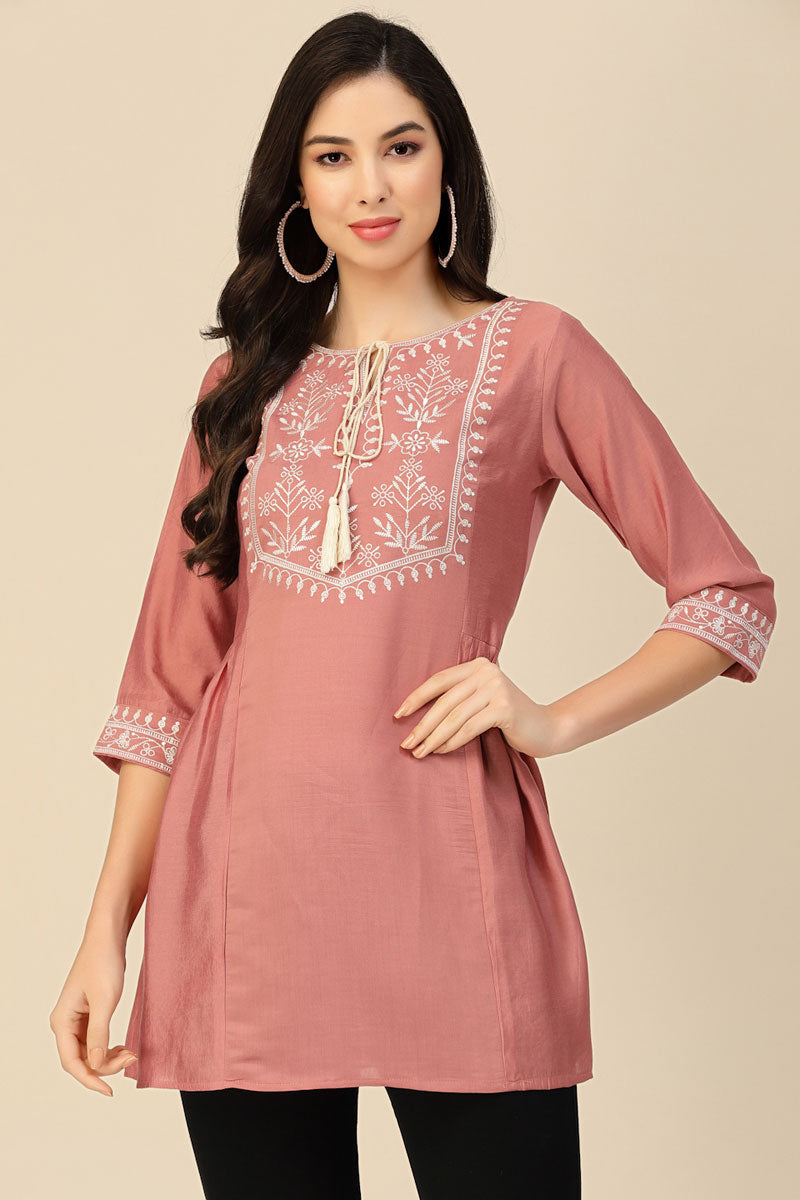 Peach Color Embroidered Chinon Readymade Short Kurti