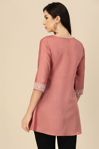 Peach Color Embroidered Chinon Readymade Short Kurti