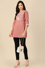 Load image into Gallery viewer, Peach Color Embroidered Chinon Readymade Short Kurti