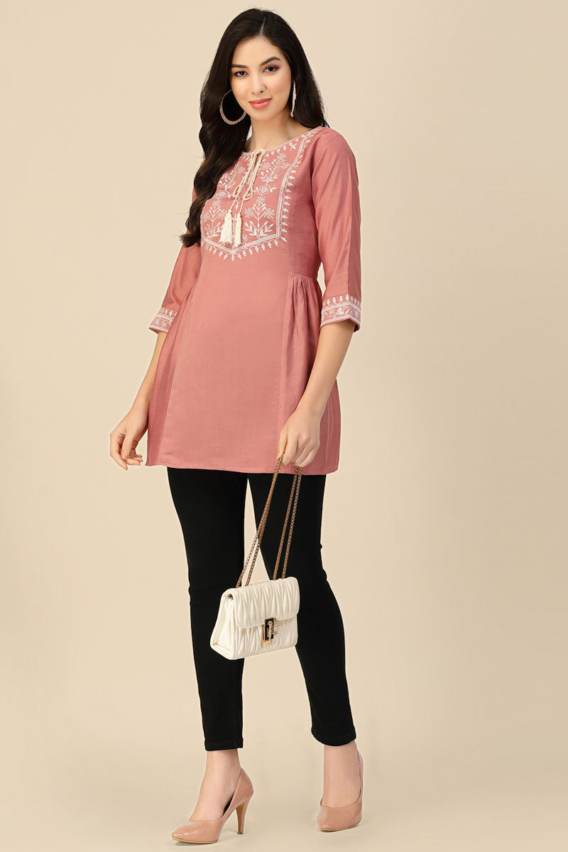 Peach Color Embroidered Chinon Readymade Short Kurti