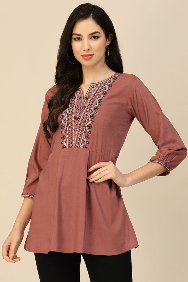 Chikoo Embroidered Chinon Readymade Short Kurti
