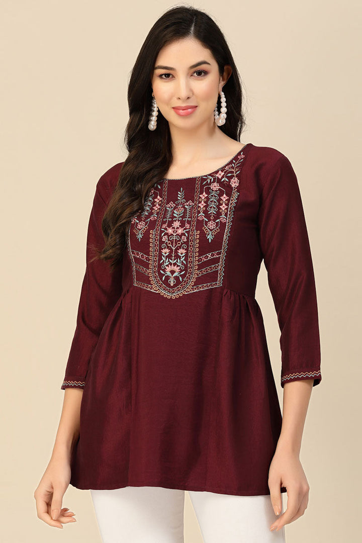 Maroon Color Embroidered Readymade Short Kurti
