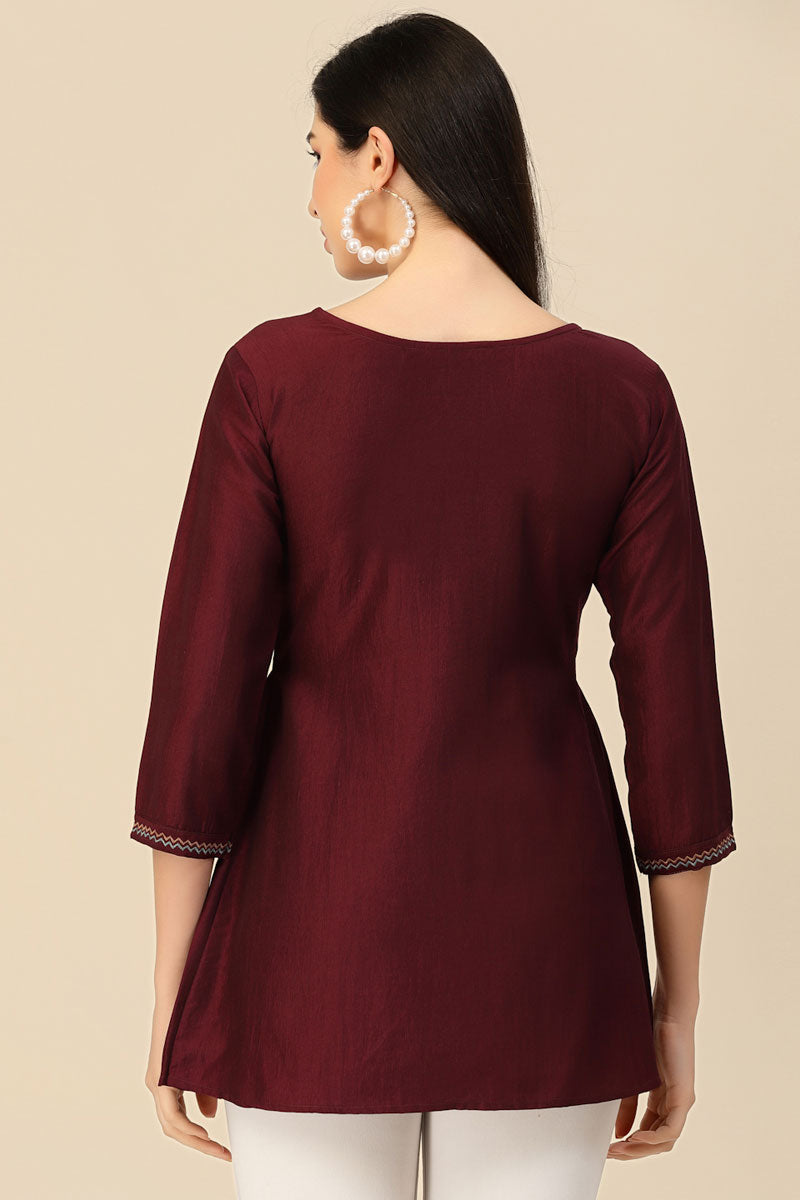 Maroon Color Embroidered Readymade Short Kurti