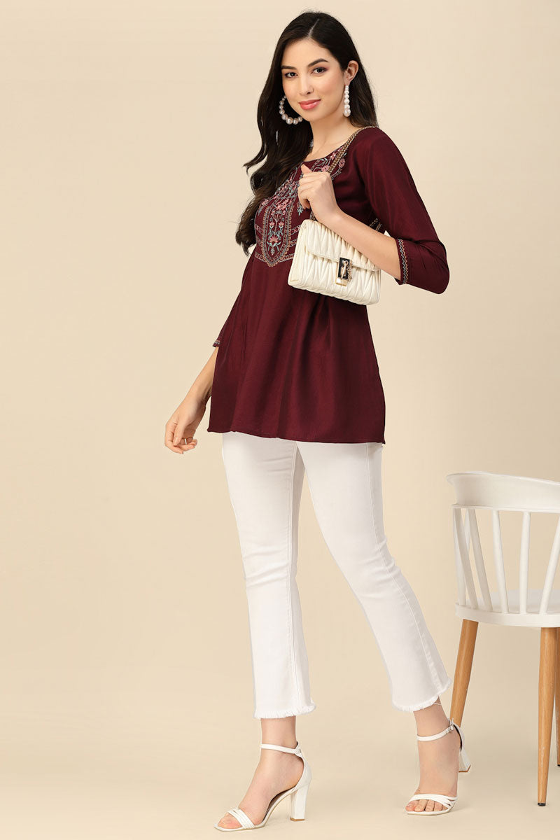 Maroon Color Embroidered Readymade Short Kurti