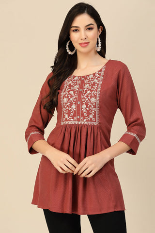 Rust Color Embroidered Rayon Readymade Short Kurti