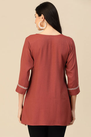 Rust Color Embroidered Rayon Readymade Short Kurti