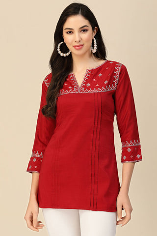 Red Embroidered Chinon Readymade Short Kurti